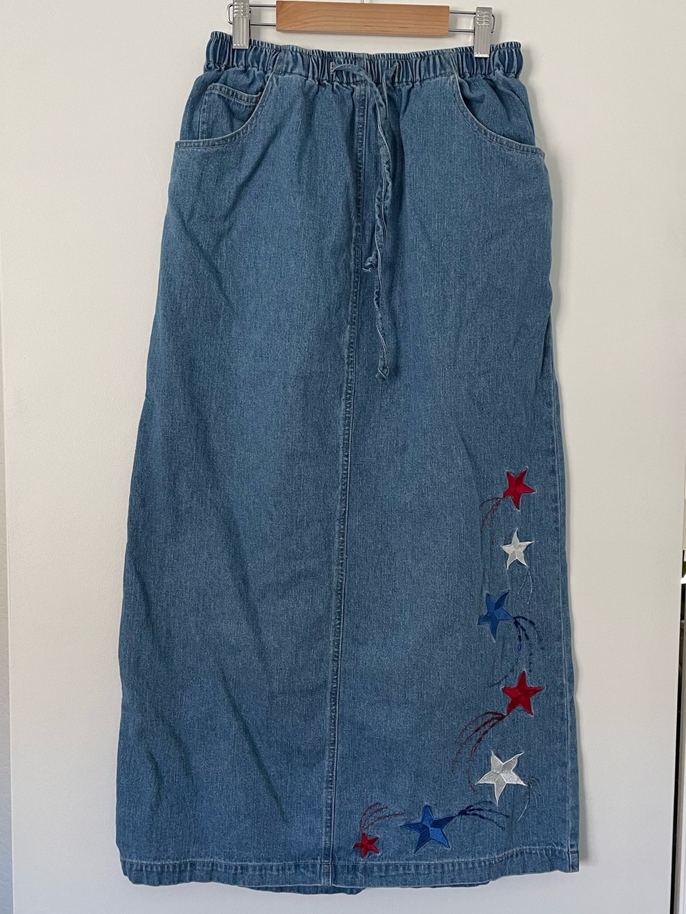 Vintage Quacker Factory Denim Maxi Skirt M Embroidered Stars Beaded Y2K USA